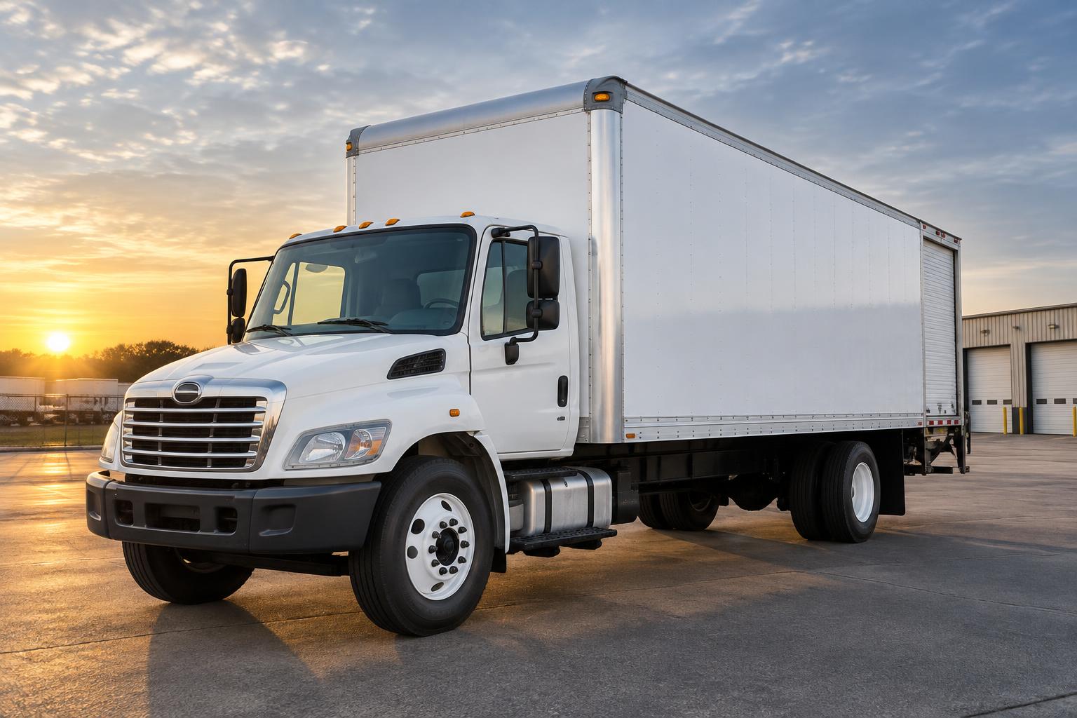 A 26-foot box truck in a depot yard