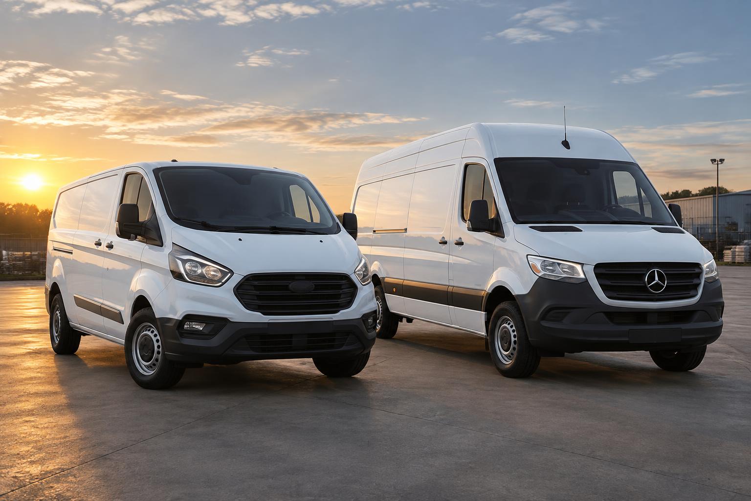 A cargo van and sprinter van in a depot yard