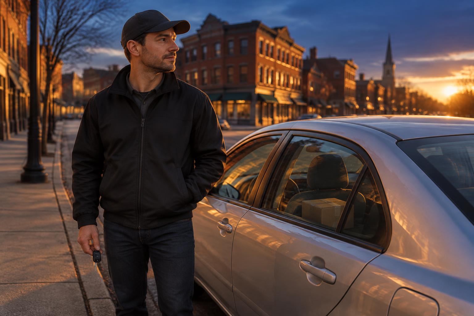 An independent driver standing beside his own car on a city street at golden hour