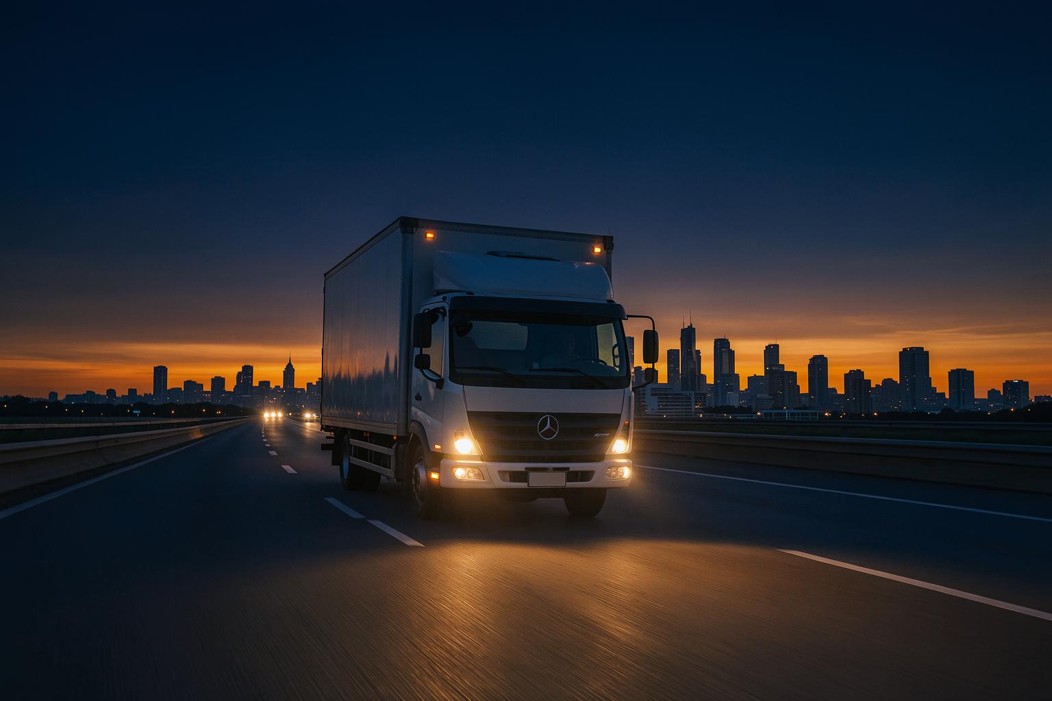A box truck heading down the highway toward the city at dusk