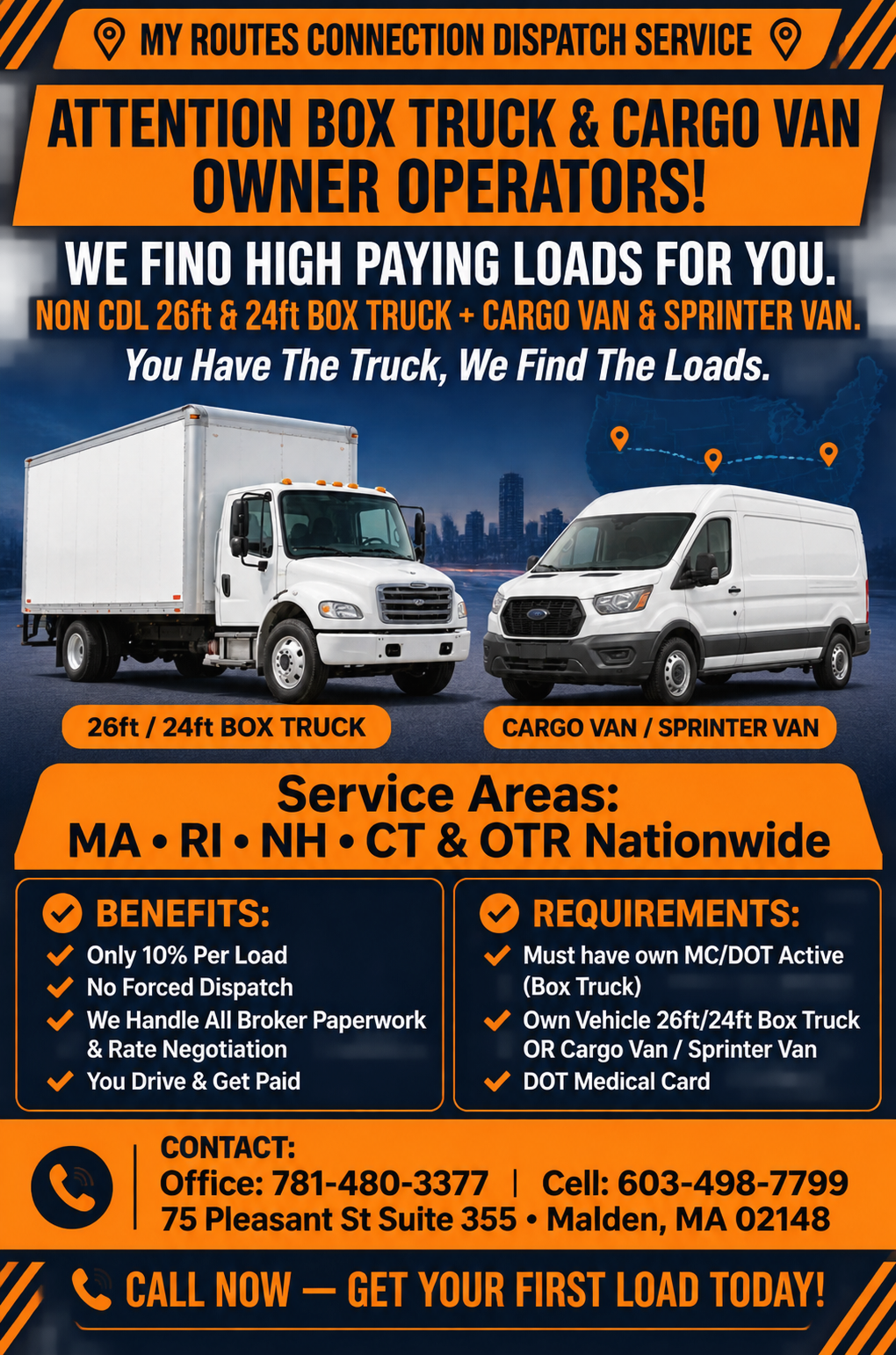 My Routes Connection dispatch service flyer for box truck and cargo van owner operators in Malden, MA